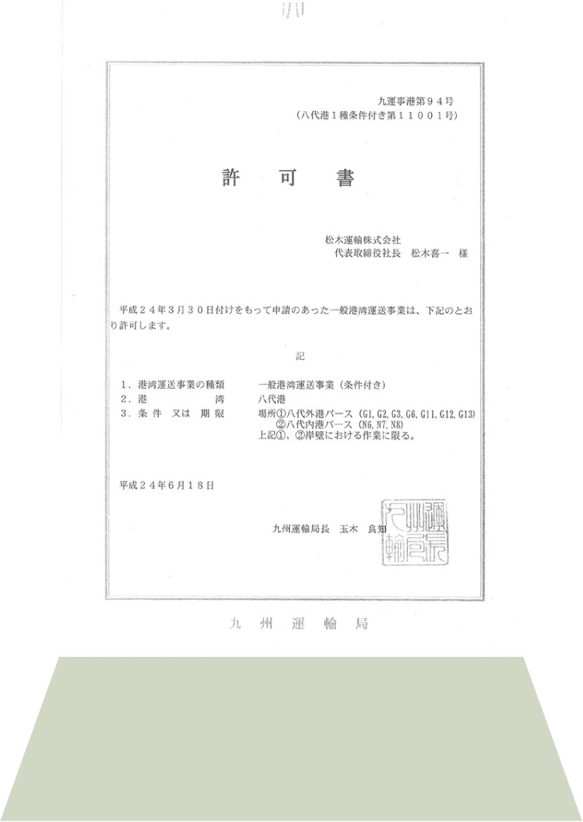 写真：平成24年に発行された一般港湾運送事業の許可書